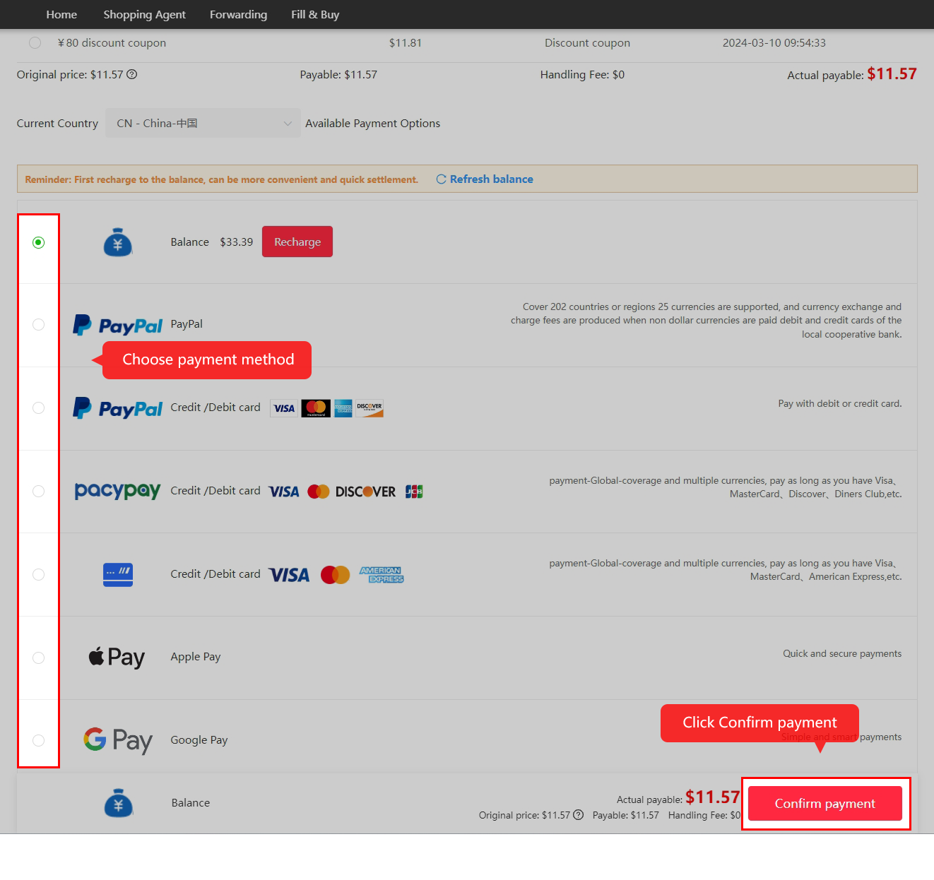 Review the international parcel checkout and pay.