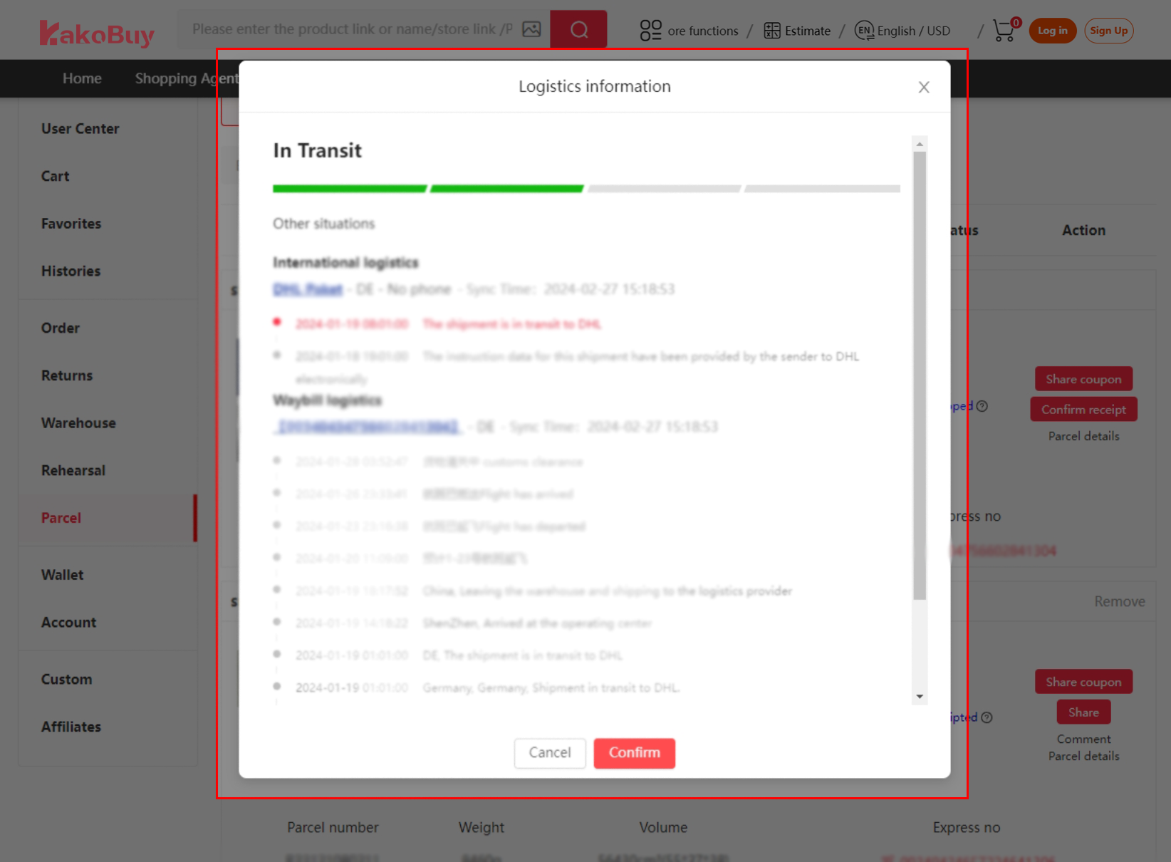 Open the parcel’s logistics and tracking details.