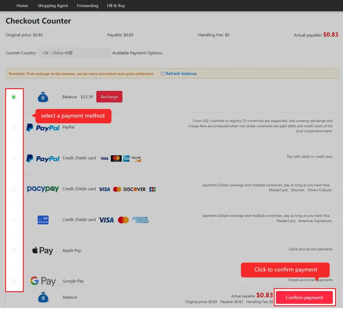 Checkout counter screen with balance, payment methods and confirm payment button