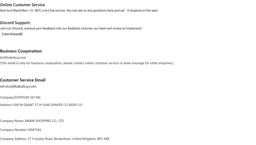 Official contact page listing live-chat hours, Discord support and service email addresses