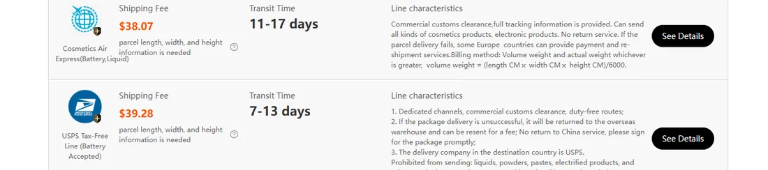 Two estimator result rows showing shipping fee, transit time and line characteristics