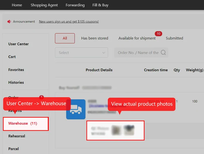 User-centre warehouse view with tabs for all items, stored items and items available for shipment