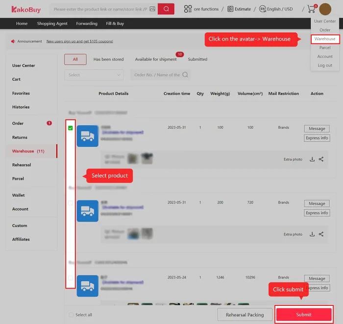 Warehouse list with columns for product details, creation time, quantity, weight, volume and mail restriction